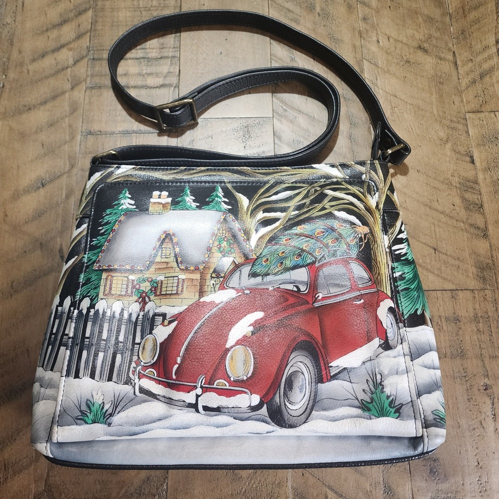Anuschka Hand Painted Leather Crossbody Bag Holiday Red Car 7437-HPD NEW